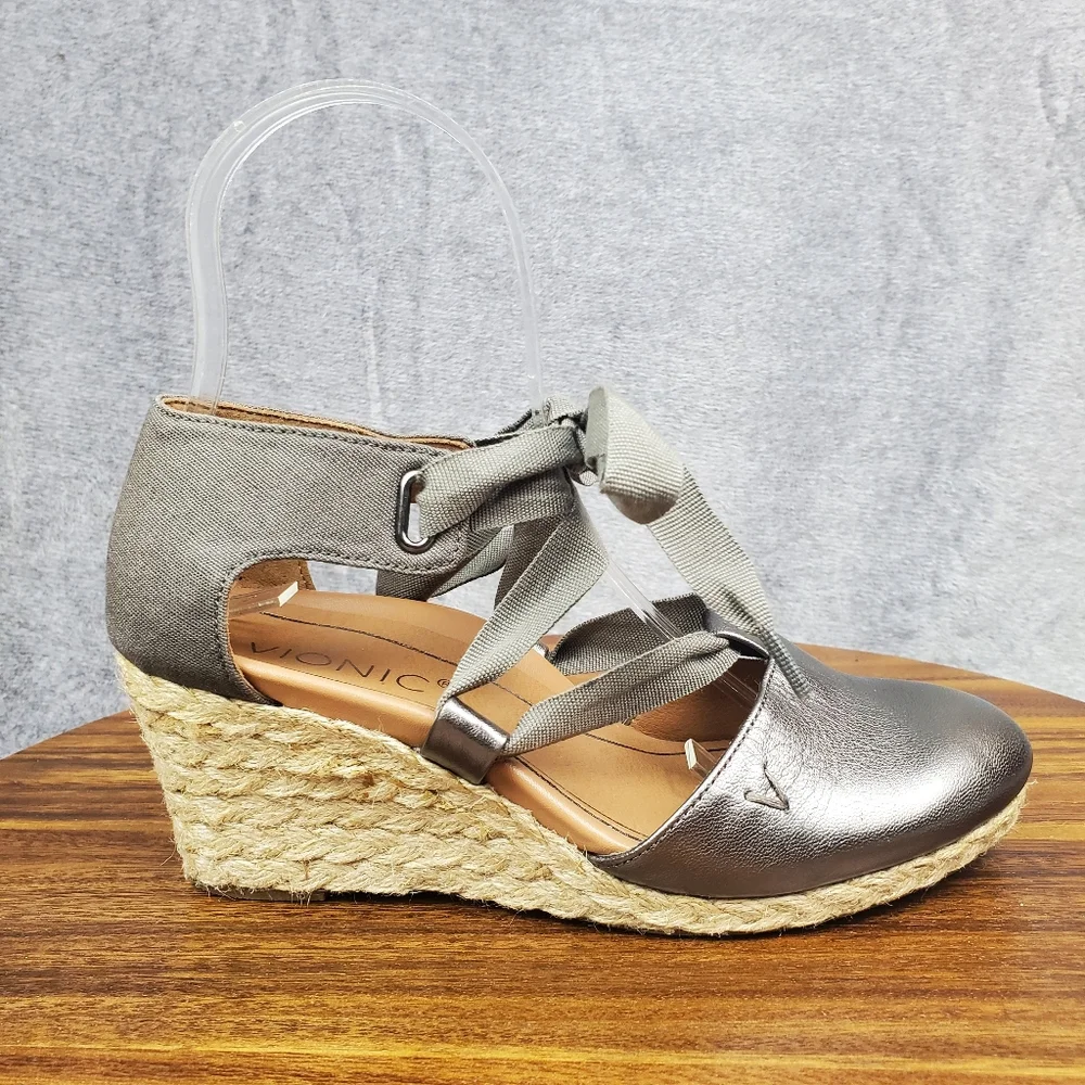 Vionic Kaitlyn Sandals Women's 5 Pewter Metallic Leather Espadrille Wedge Ribbon